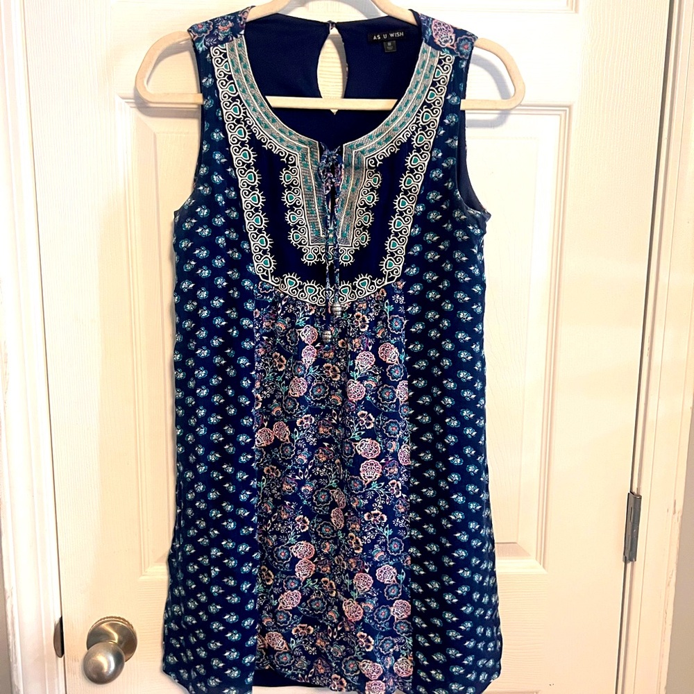 As U Wish floral Dress with embroidered detail tie front. Fully lined